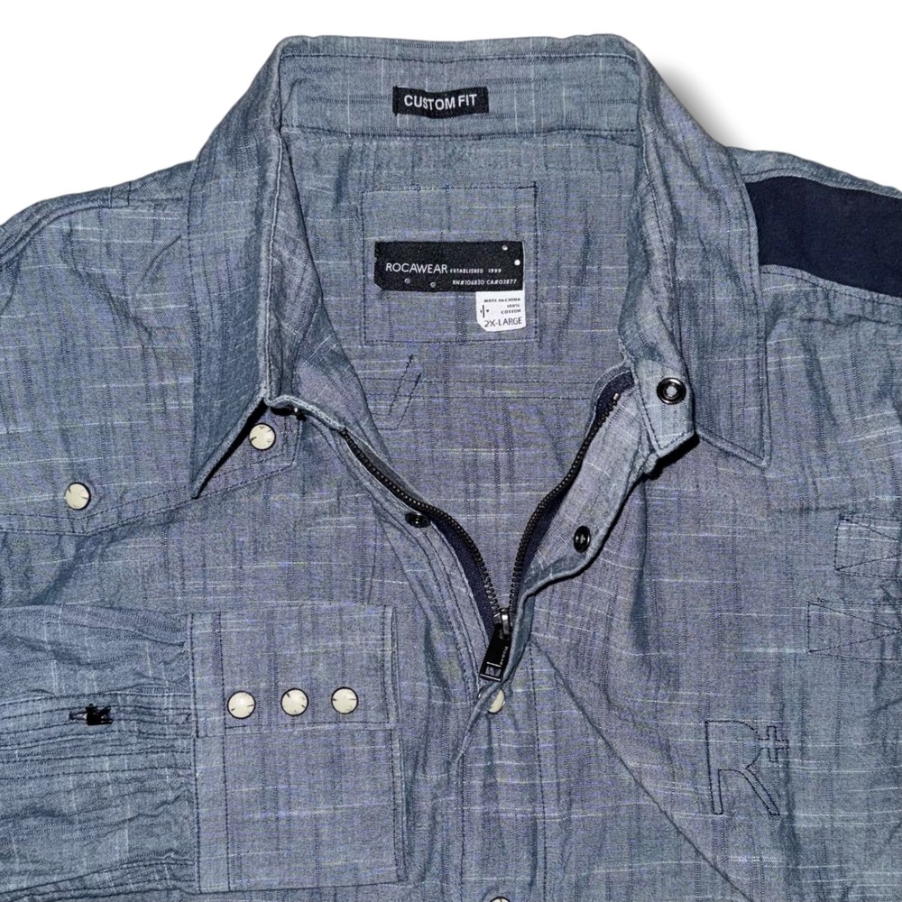Rocawear Mens 2XL Blue Slub Cotton Long Sleeve Button Up Shirt Custom Fit Zip